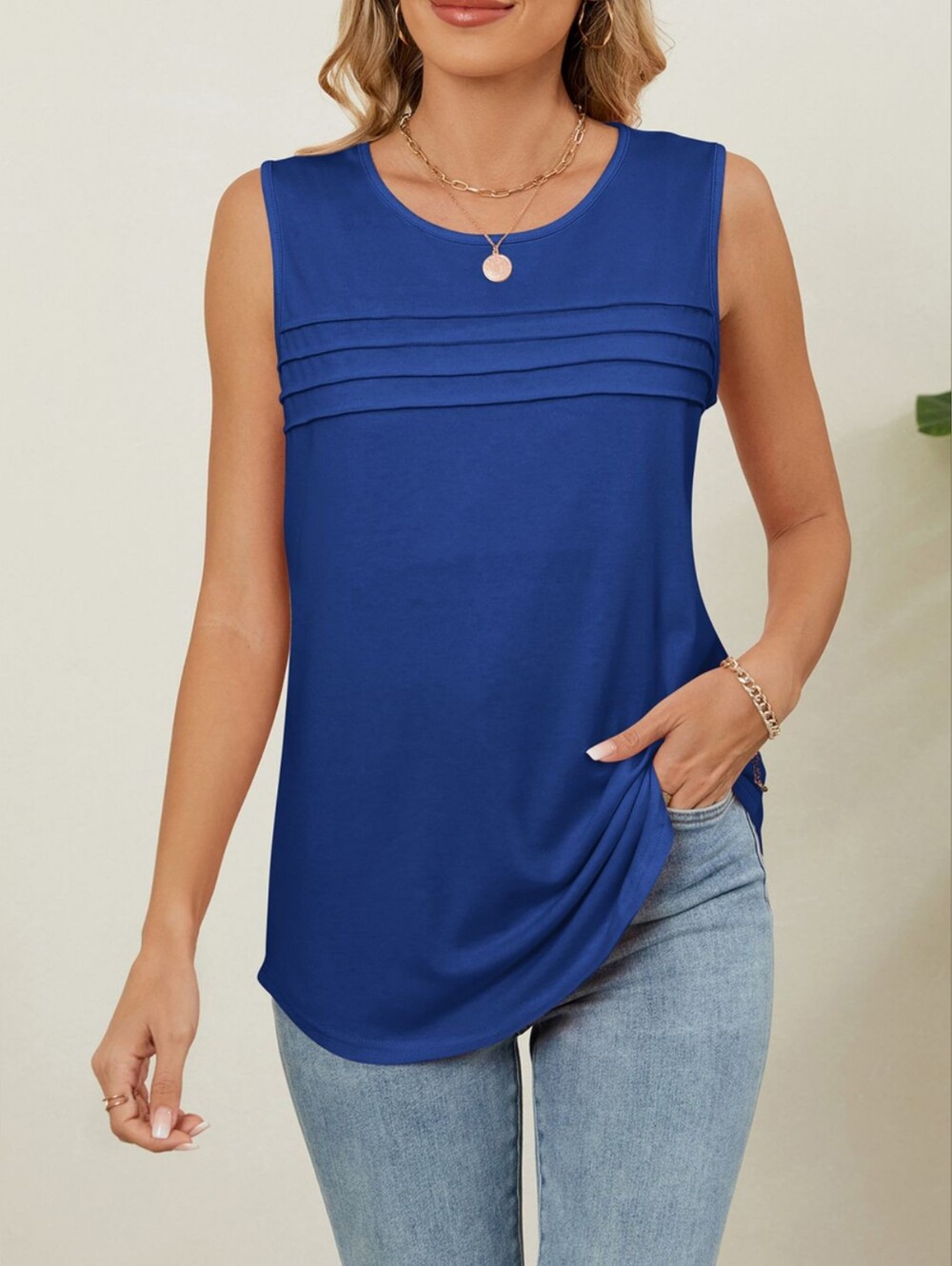 Sleeveless Pintuck Detail Tank Top - Royal Blue- Full & Plus Sizes